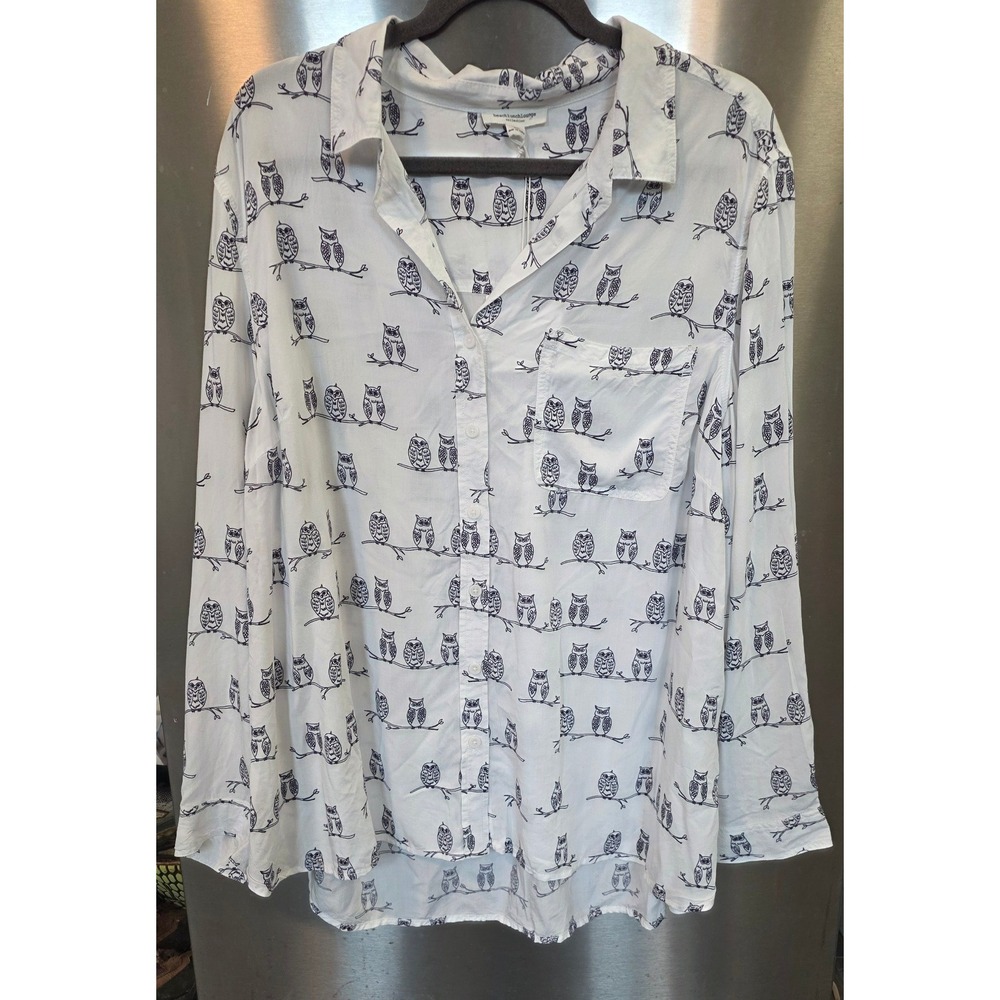 Beachlunchlounge Women 2X Caroline Shirt White Blue Owl Print Button Down Top